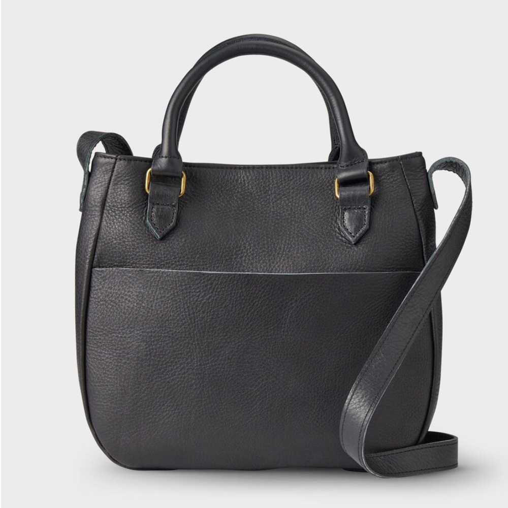 Duluth Trading Co Black Leather Crossbody Tote with Gold Hardware